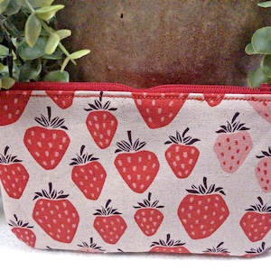 Zipper pouch. Strawberries cover this sweet little zip up coin and card purse.