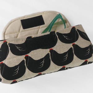 Quilted Padded Eyeglass Case: Lightweight Canvas, Red & Black Chickens.