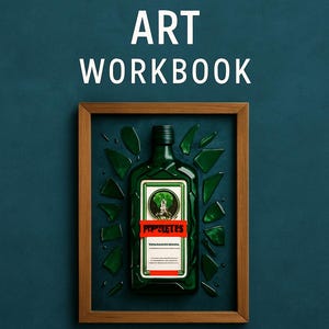May include: A green bottle with a white label and red text, surrounded by broken glass, is framed in a wooden border. The text "BROKEN BOTTLE ART WORKBOOK" is at the top, with "SCHERBENWERK24" at the bottom.