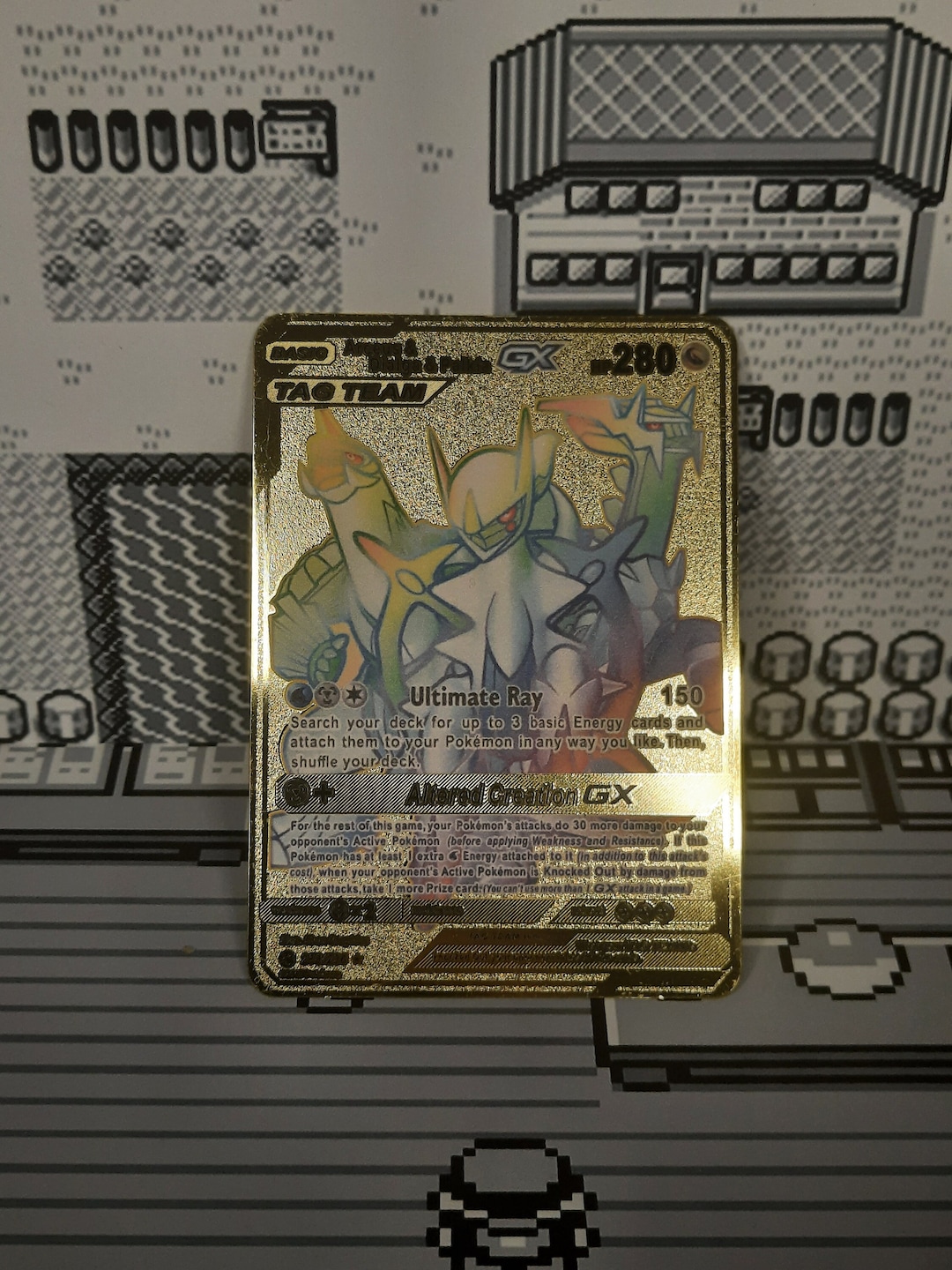 Arceus Dialga & Palkia GX Tag Team Rainbow ADP Gold Metal Pokemon Card