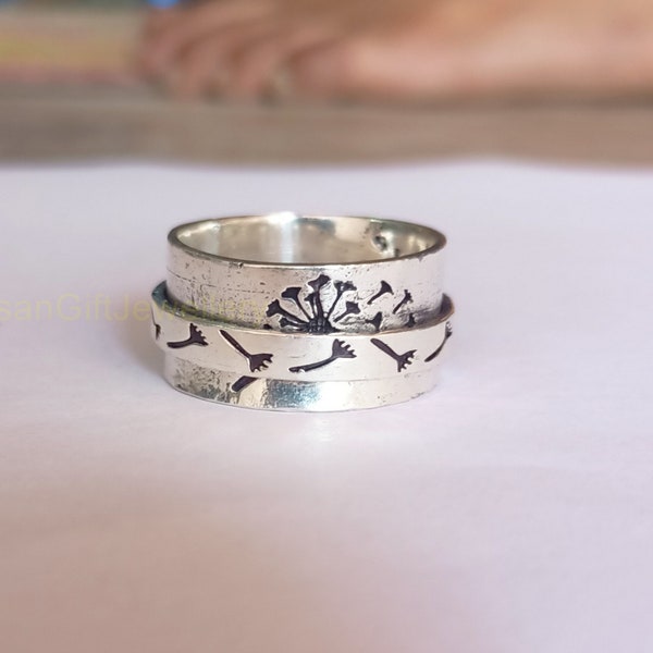 Löwenzahn Blumen Spinner Silber Ring, 925 Sterling Silber Ring, Relief Zappeln Ring, Angst Ring, Blumen Spinner Silber Geschenk Ring, RM204