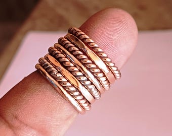 Handmade Solid Copper Ring Set: Stackable Textured Boho Rings