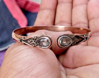 Handmade Copper Crystal Bangle: Adjustable Dual Stone Cuff