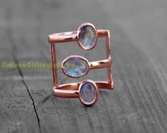 Handgemachte massive Kupfer Mondstein Ring - verstellbare Statement Ring