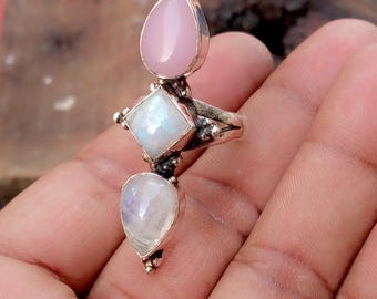 Handmade Sterling Silver Ring: Rose Quartz & Moonstone Statement Jewelry