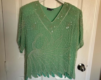 Vintage Mark & John II Silk Beaded Peacock Blouse Mint Green Size L