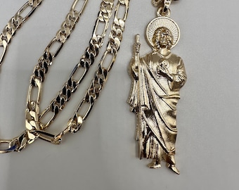 St Jude Necklace Gold Plated with fígaro chain  - San Judas Tadeo Cadena Oro Laminado 24” Chain - St Jude Jewelry