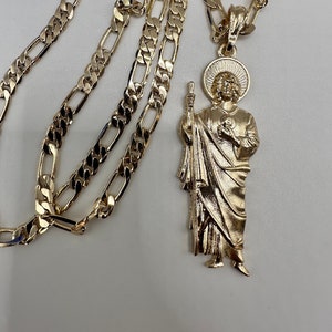 St Jude Necklace Gold Plated with fígaro chain  - San Judas Tadeo Cadena Oro Laminado 24” Chain - St Jude Jewelry