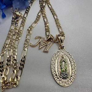 Virgin Necklace with Initial 20” Figaro Chain . Initial Necklace Gold Plated . Cadena Virgen Guadalupe Con initial . Letter Necklace