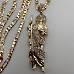 St Jude Necklace iced Gold Plated 14k Fígaro Chain --San Judas Tadeo Cadena de Oro Laminado- Joyeria de Oro- Gold Plated Jewlery