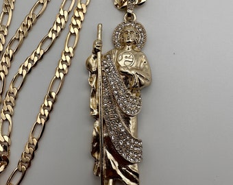 St Jude Necklace iced Gold Plated 14k Fígaro Chain --San Judas Tadeo Cadena de Oro Laminado- Joyeria de Oro- Gold Plated Jewlery