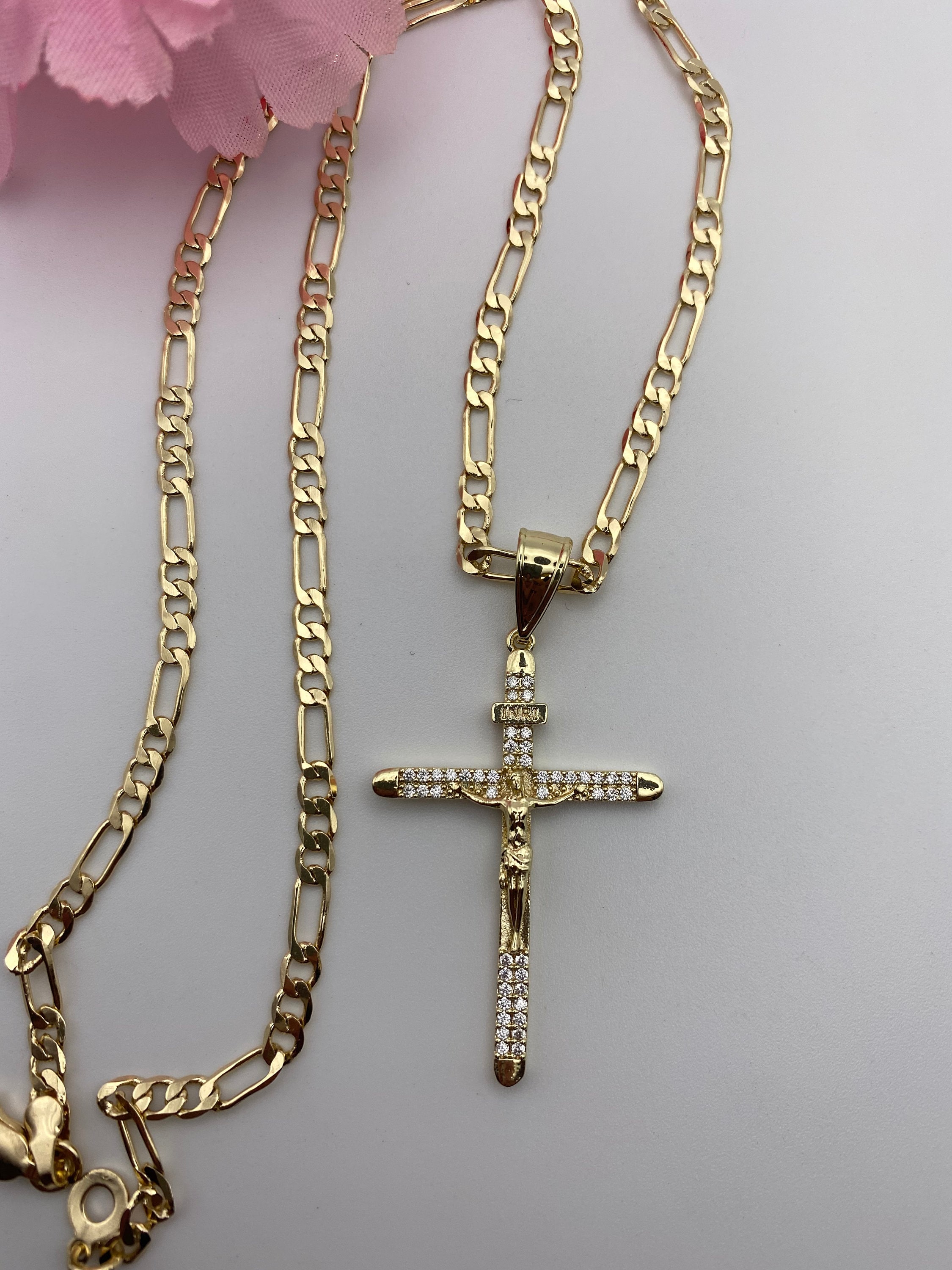 Cross Necklace Gold Plated 24” Long Figaro Chain, Crucifix