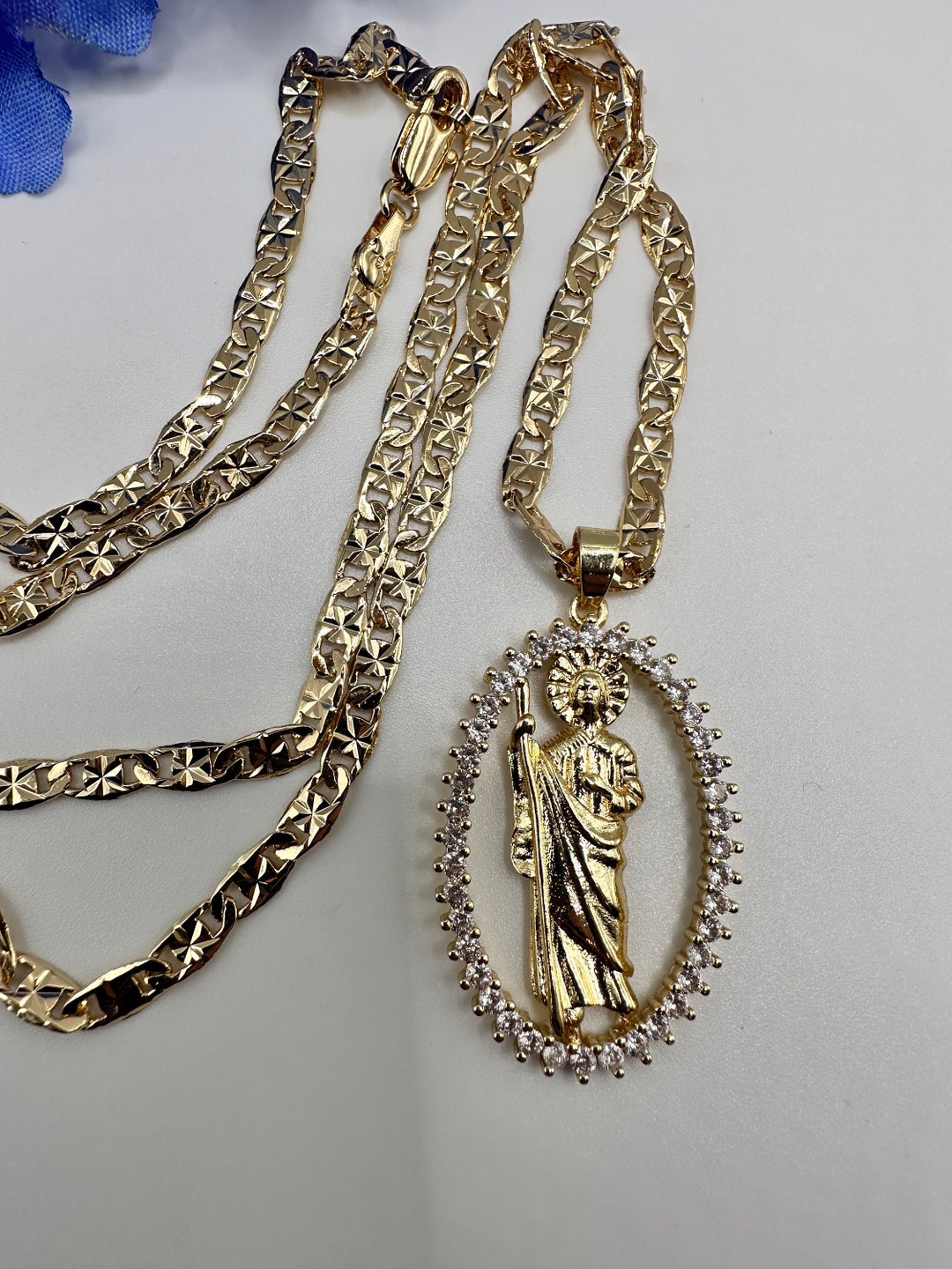 14k St Jude Necklace With Clear Diamond Stones Gold Plated- San Judas ...