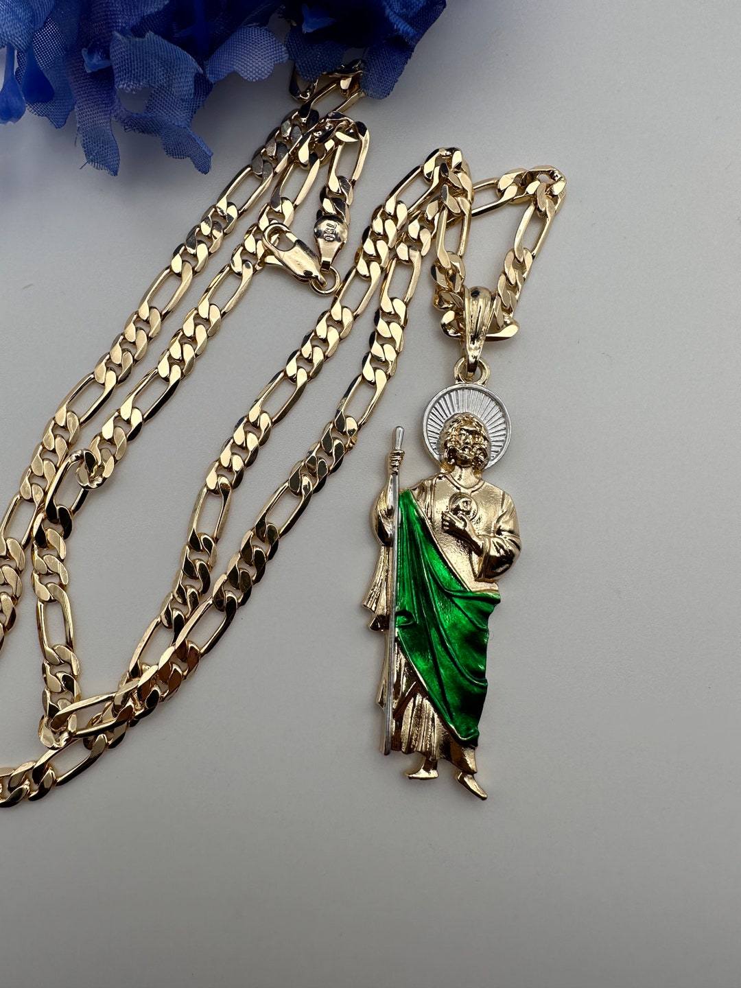 St Jude Necklace (green) Gold Plated 14k Fígaro Chain --san Judas Tadeo ...