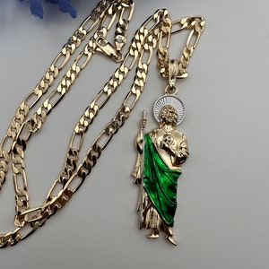 St Jude Necklace (Green) Gold Plated 14k Fígaro Chain --San Judas Tadeo Cadena de Oro Laminado- Joyeria de Oro- Gold Plated Jewlery