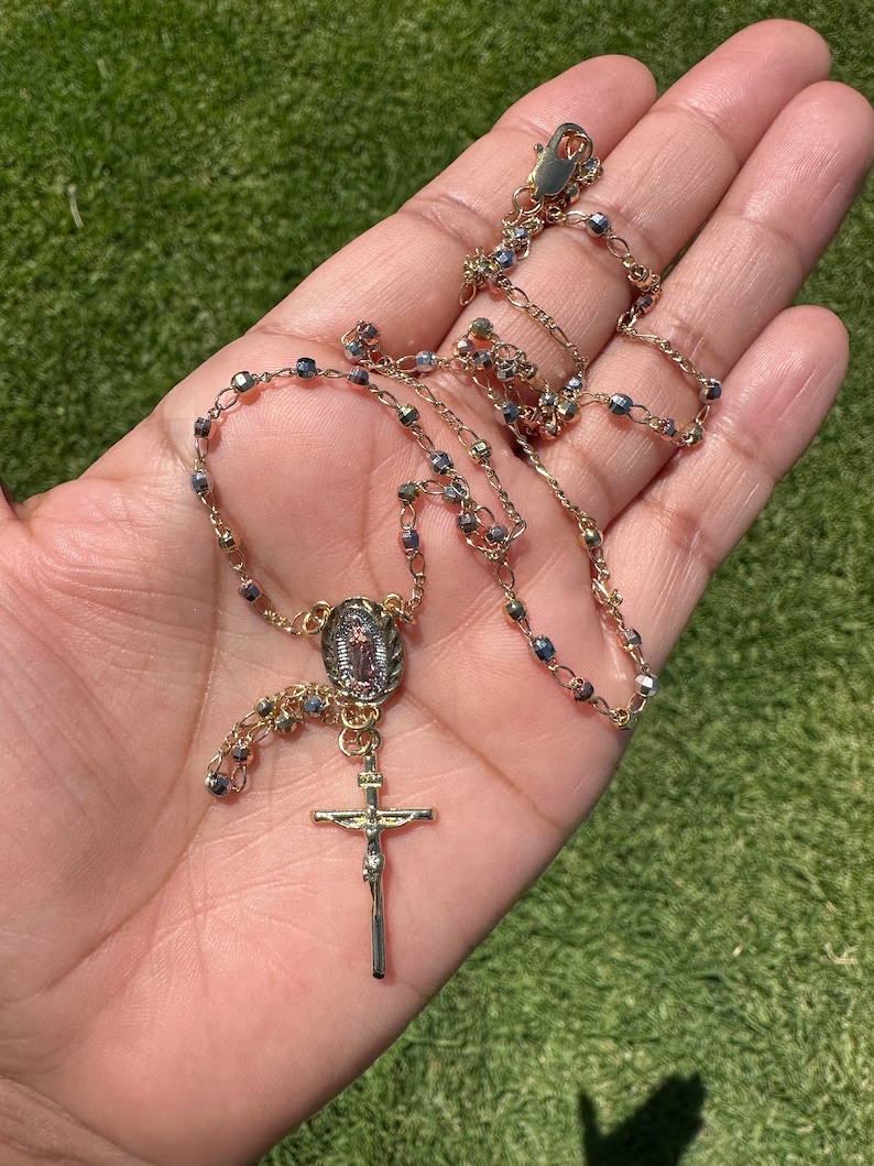 Virgin Mary Rosary Tri-Tone Gold 18ct (750, 18K) Cross & Beads Necklace