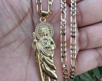 14k St Jude Necklace Gold Plated with fígaro chain  - San Judas Tadeo Cadena Oro Laminado