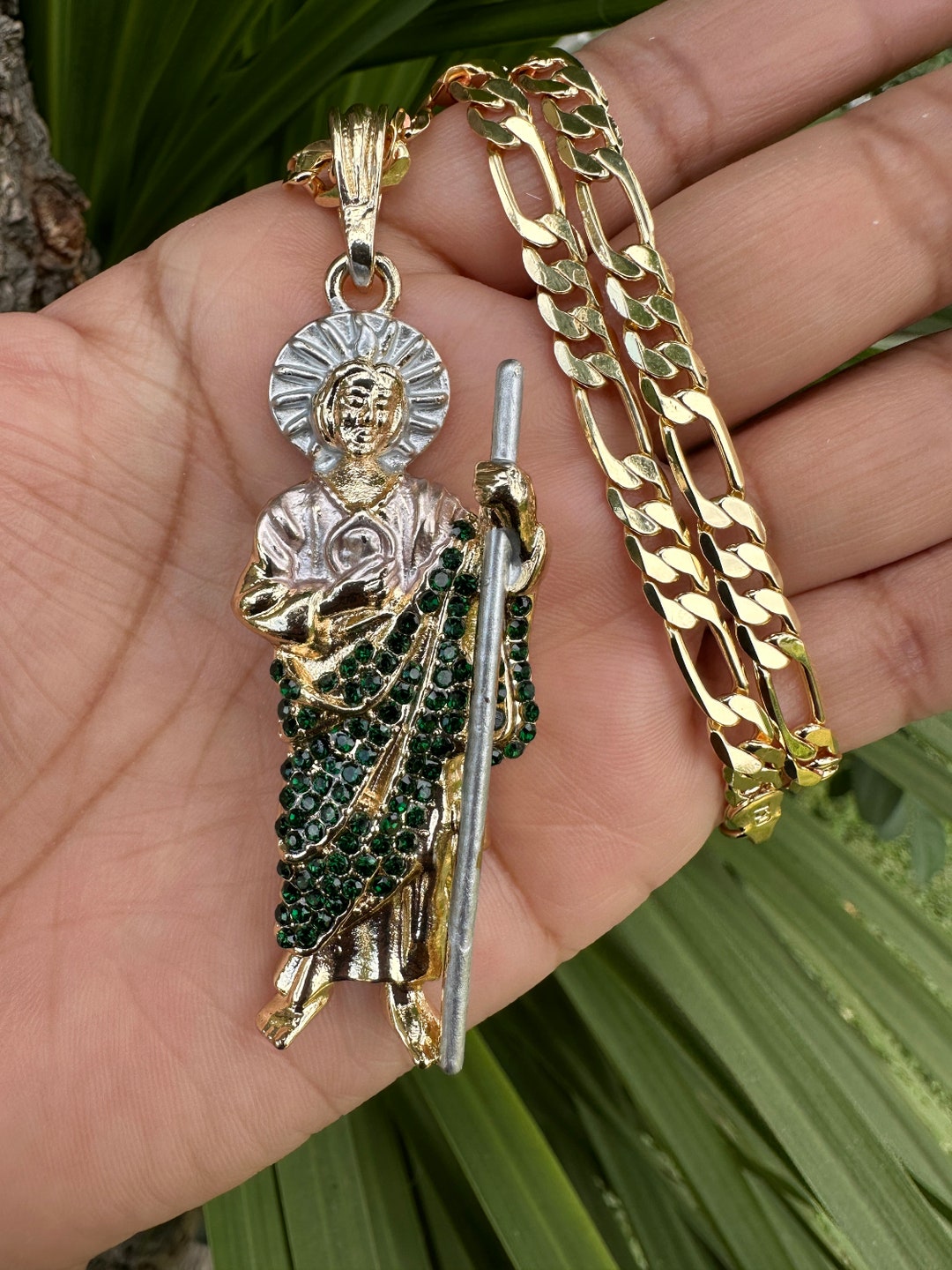 San Judas Tadeo Green Iced Necklace Men's 14k Gold Layered Iced Saint ...