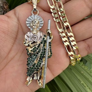 San Judas Tadeo Green Iced Necklace Men&#39;s 14k Gold layered Iced Saint Jude Thaddeus 24&quot; With a Figaro Chain
