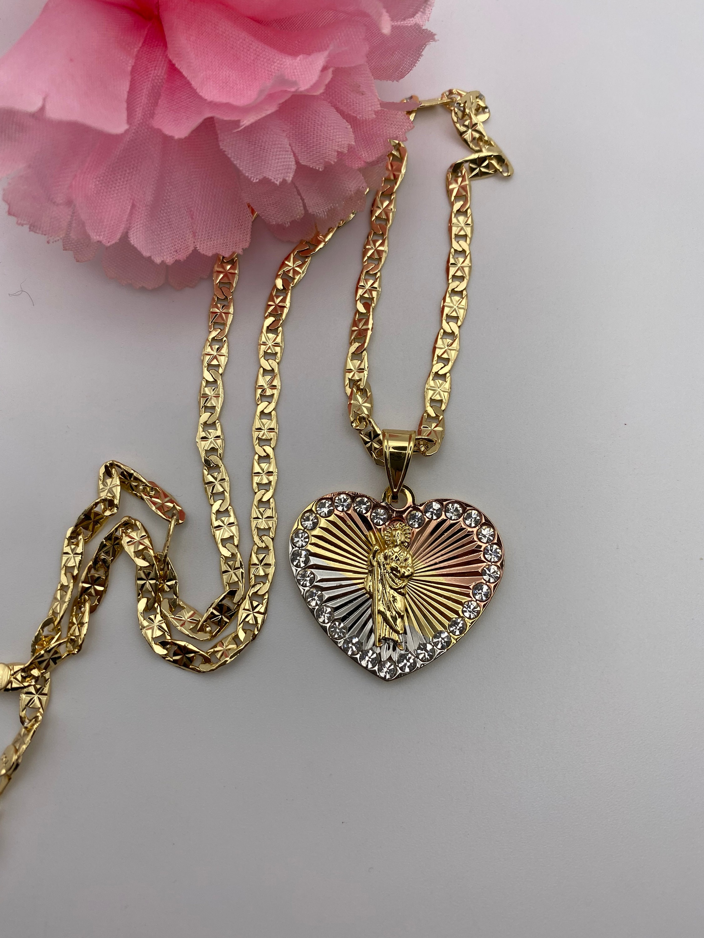 St Jude Necklace Tricolor Gold Plated - Cadena San Judas Tadeo Corazón ...
