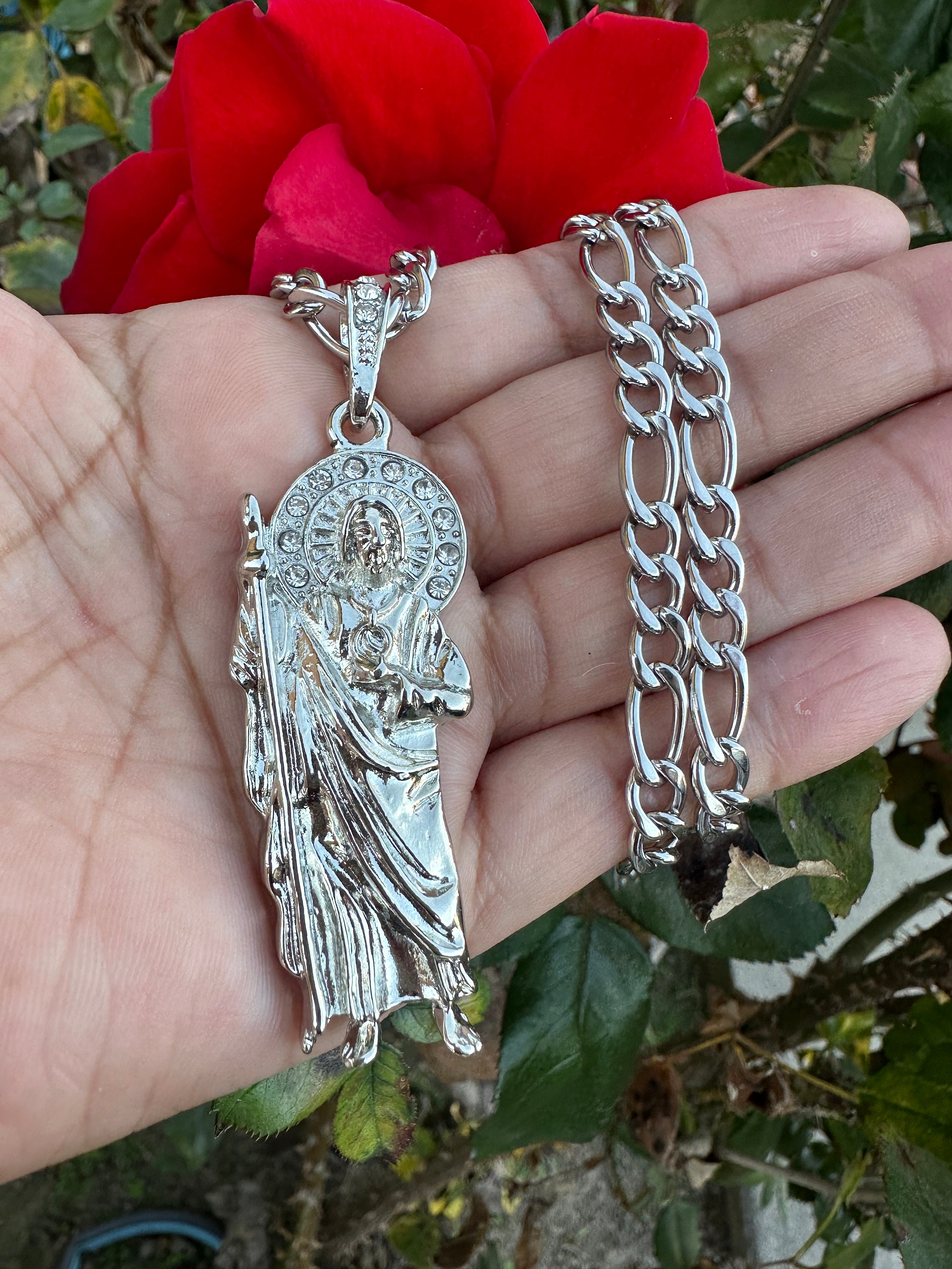 Sterling Silver Fine Rings 925 Metal Purity St Jude Medal 925 STERLING SILVER SAINT JUDE NECKLACE 18" LONG/925 PLATA CADENA DE SAN JUDAS 18" LARGO -30X8mm-SN5 San Judas Statue Sterling Silver Fine