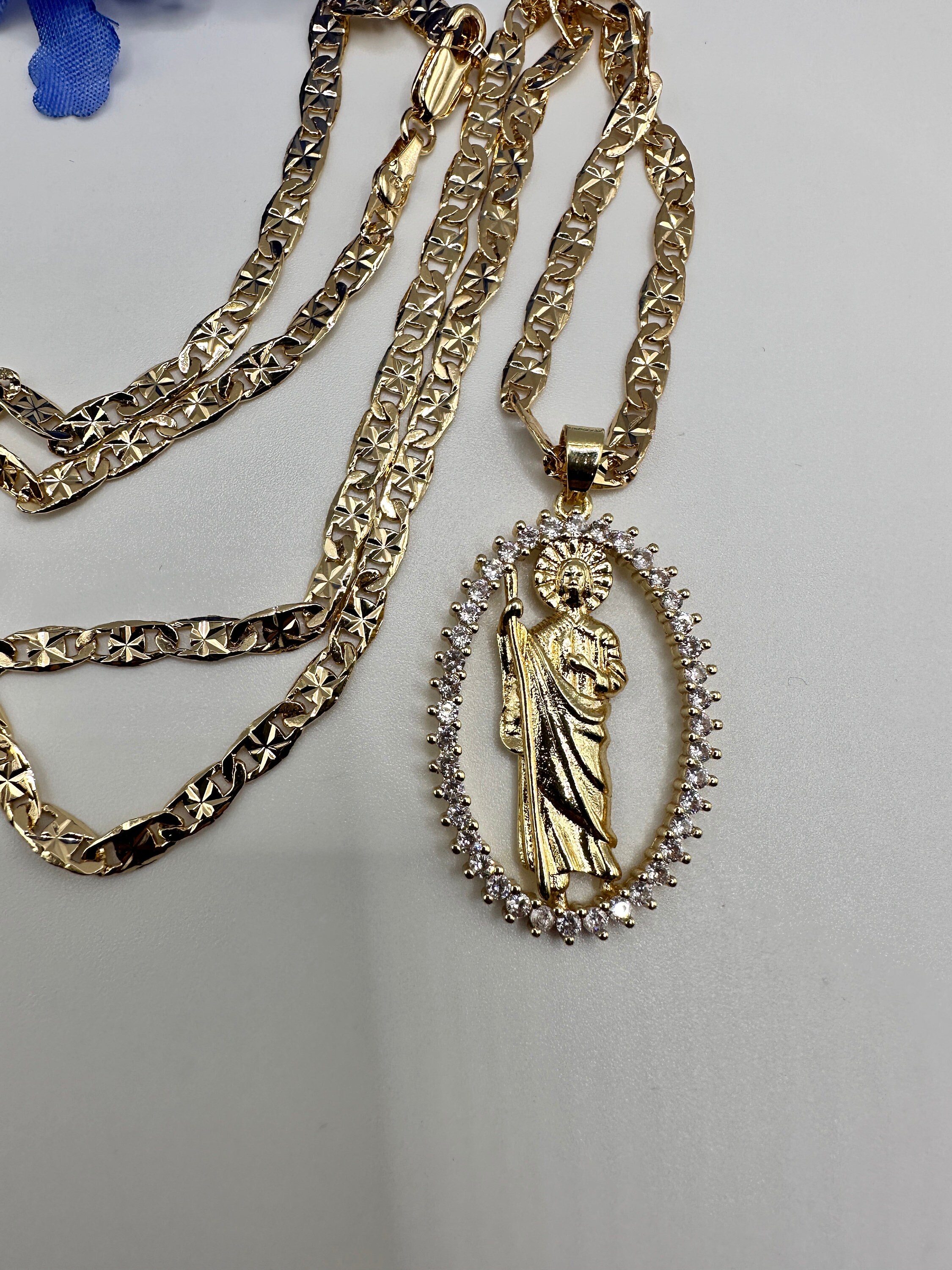 14k St Jude Necklace With Clear Diamond Stones Gold Plated- San Judas ...