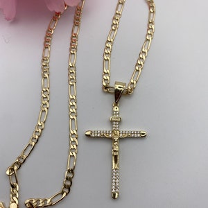 Cross Necklace Gold Plated 24” Long Figaro Chain, Crucifix Necklace, cadena crucificó oro bañado 24” Largo-Christ Necklace-