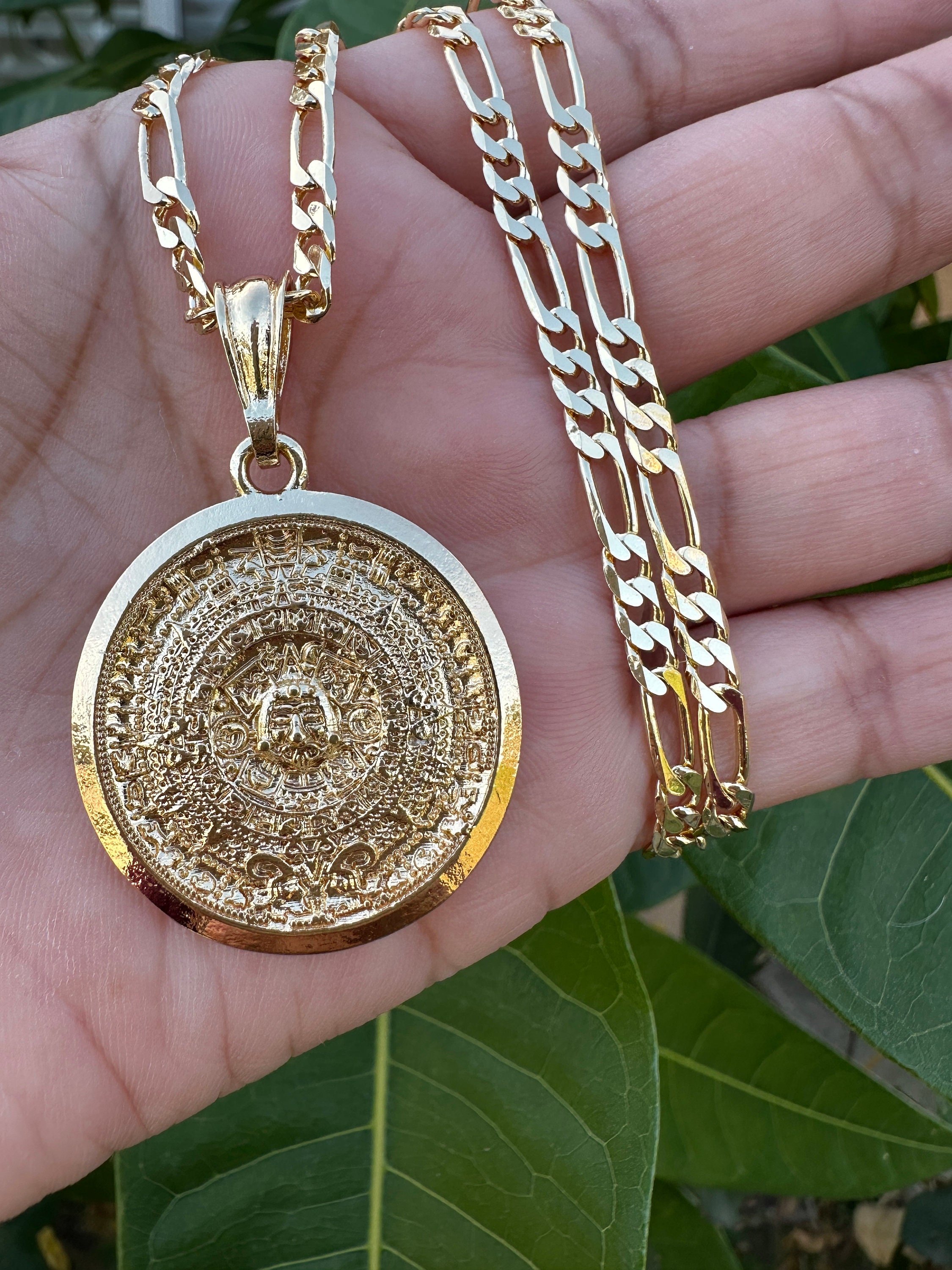 Gold Plated Calendar Aztec Pendant Necklace 14k Gold Plated Calendar Aztec Gold Color Pendant With Figaro Chain 24 Calendario Azteca Etsy