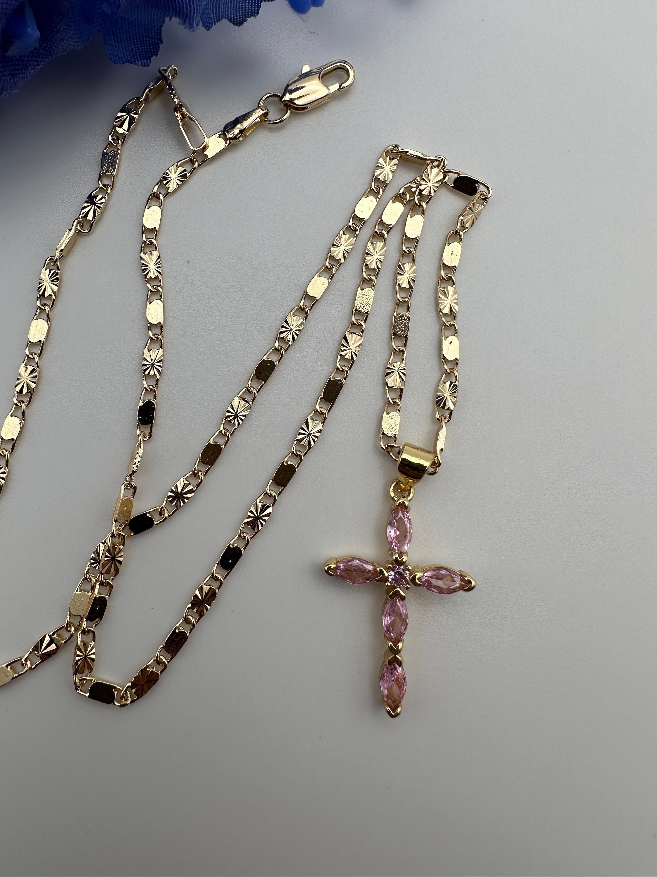 Cross Necklace Two Tone for Mens in Gold Filled Figaro Chain Necklace 24/  Cadena Con Dije De Cruz Para Hombre 1.8x1.13 / Crucifix Necklace 