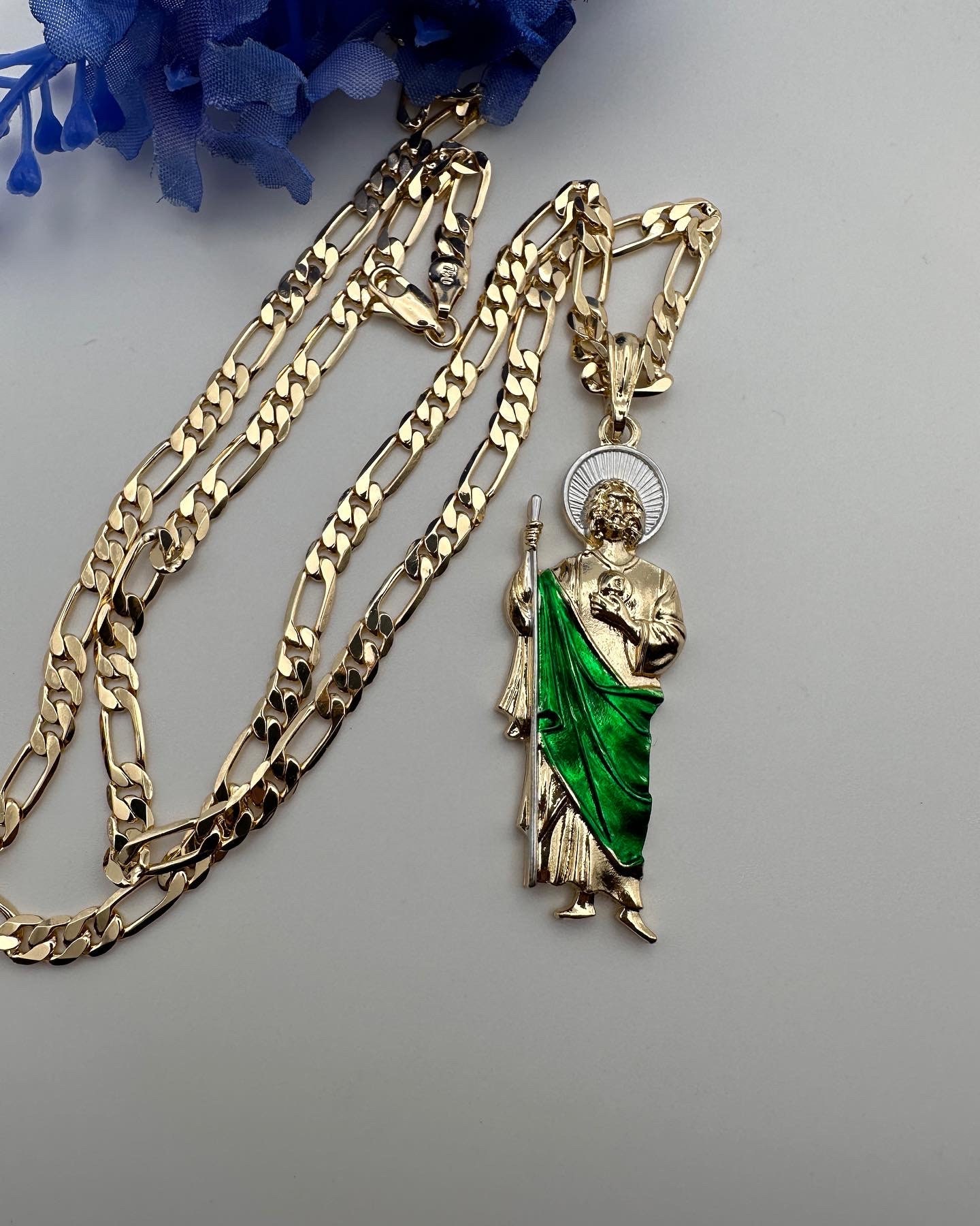 St Jude Necklace (green) Gold Plated 14k Fígaro Chain --san Judas Tadeo ...