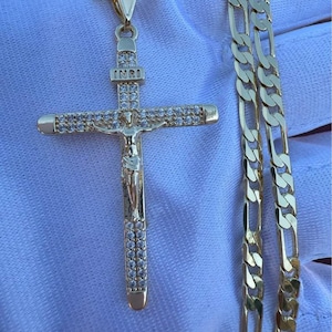 Cross Necklace with Figaro Chain- Crucifix Necklace for Him or Her- Cross Jewelry- Cadena Cruz 24&quot; Long