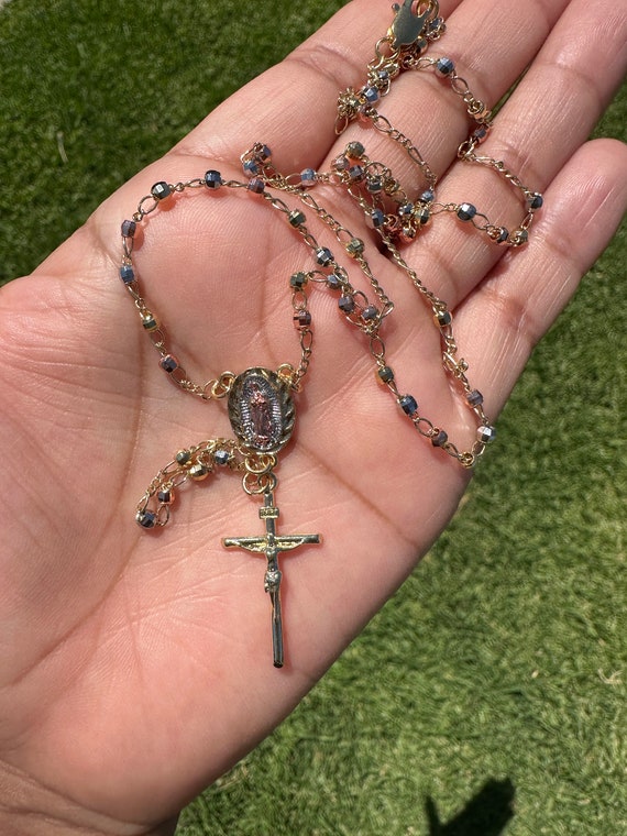 Tricolor Gold Plated Rosary Necklace With Cross & Virgin Mary