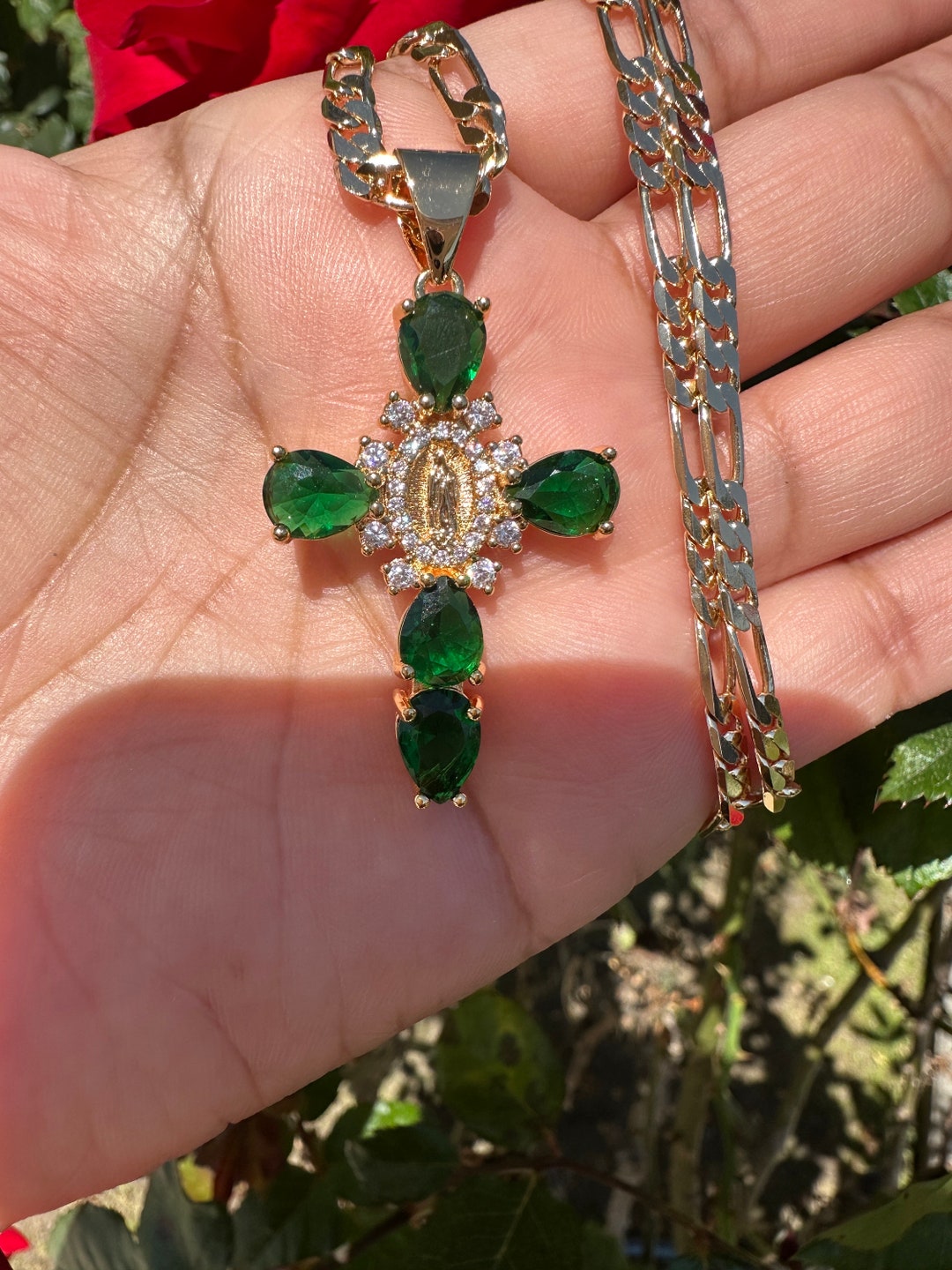 Cross Necklace in Emerald Green Gemstone, Lab Emerald Cross