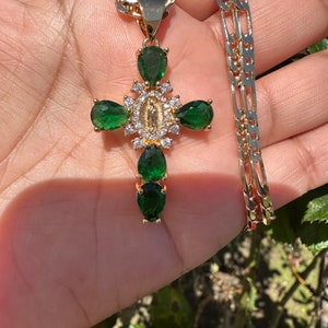 Cross Necklace in Emerald Green Gemstone, Lab Emerald Cross Pendant, Dainty Cross Pendant Necklace Figaro Chain Gold Plated