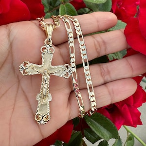 14k Crucifix Necklace 22” Figaro Chain | Cross Pedant with Chain | Cadena de Cruz | Christ Jewelry Gold Plated |Cadena de Cristo| him or her
