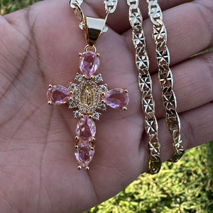 Virgen de Guadalupe diamond cross necklace, pink diamonds for Him or Her | Cross Virgin Necklace