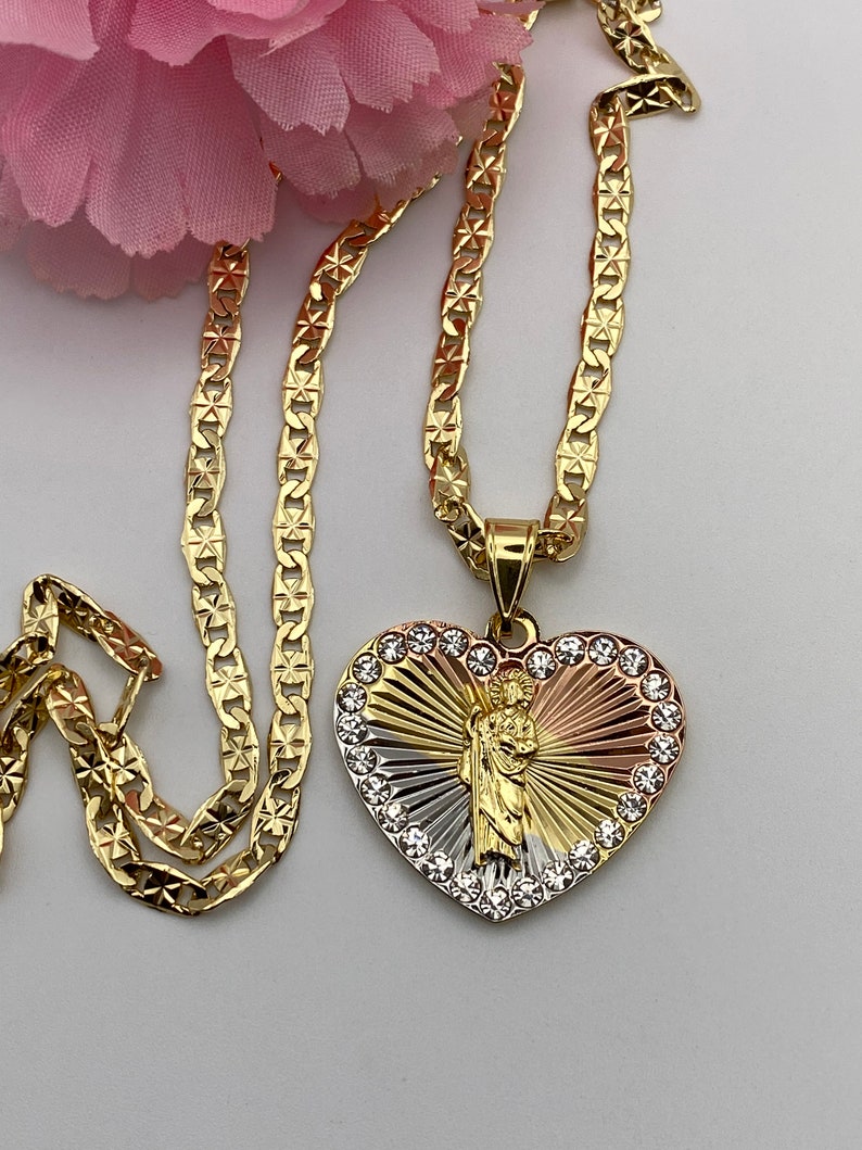 St Jude Necklace Tricolor Gold Plated - Cadena San Judas Tadeo Corazón ...