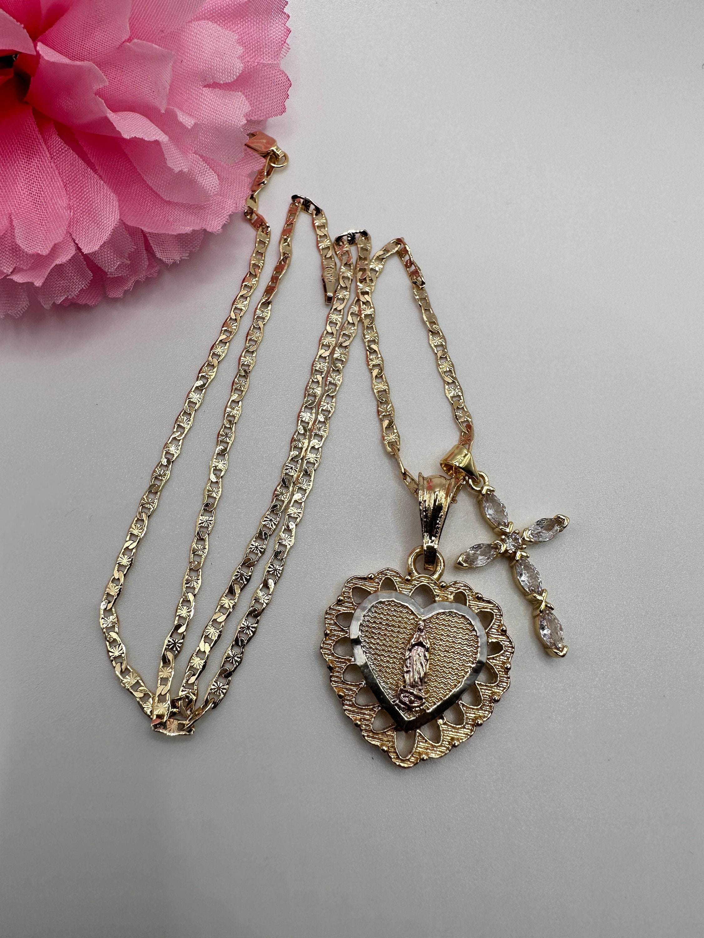 14k Virgen & Cross Necklace 20” Gold Plated - Cadena de virgen y cruz Oro Laminado - Heart Necklace