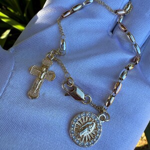 Virgin Mary Rosary Bead Bracelet with Dangle Cross Charm • Mother Mary Bracelet • High Quality Gold Plated for Her