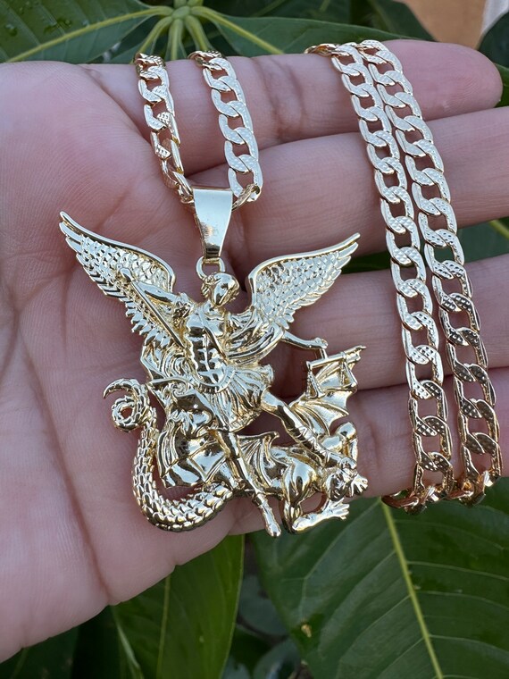 Hip Hop Saint Michael Archangel Pendant + 18” Full Iced Cuban Choker Chain Set – Gold Plated