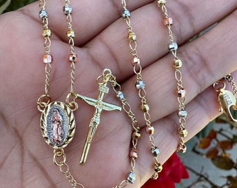 Rosary Necklace Tricolor with Cross and Virgin Mary Pedants. Gold Plated Rosario Tricolor Oro Laminado- Birthday, anniversary Gift