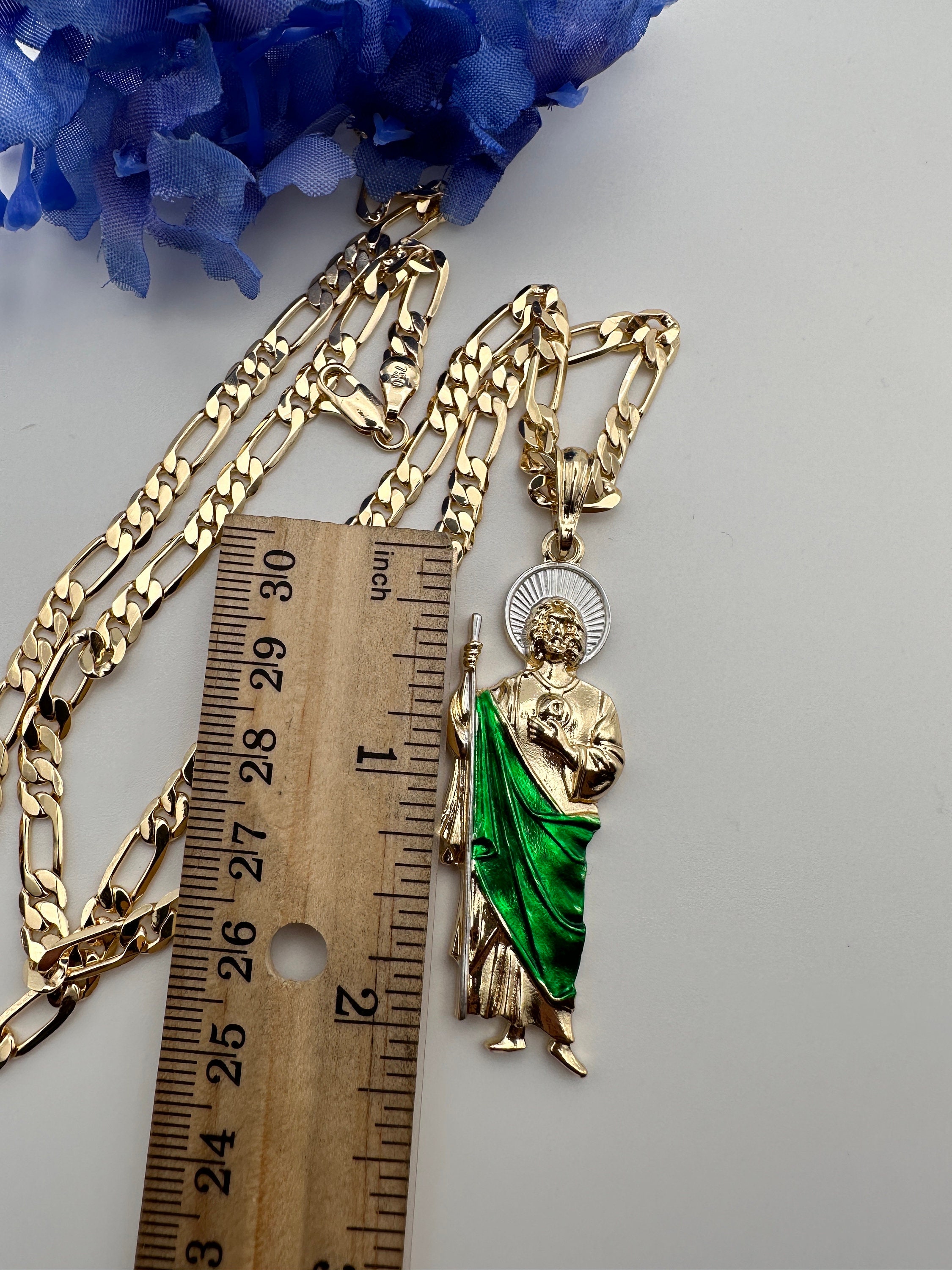 St Jude Necklace (green) Gold Plated 14k Fígaro Chain --san Judas Tadeo ...