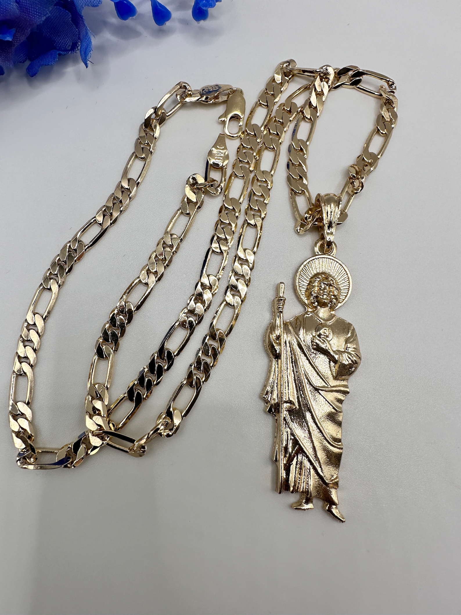 St Jude Necklace Gold Plated With Fígaro Chain - San Judas Tadeo Cadena ...