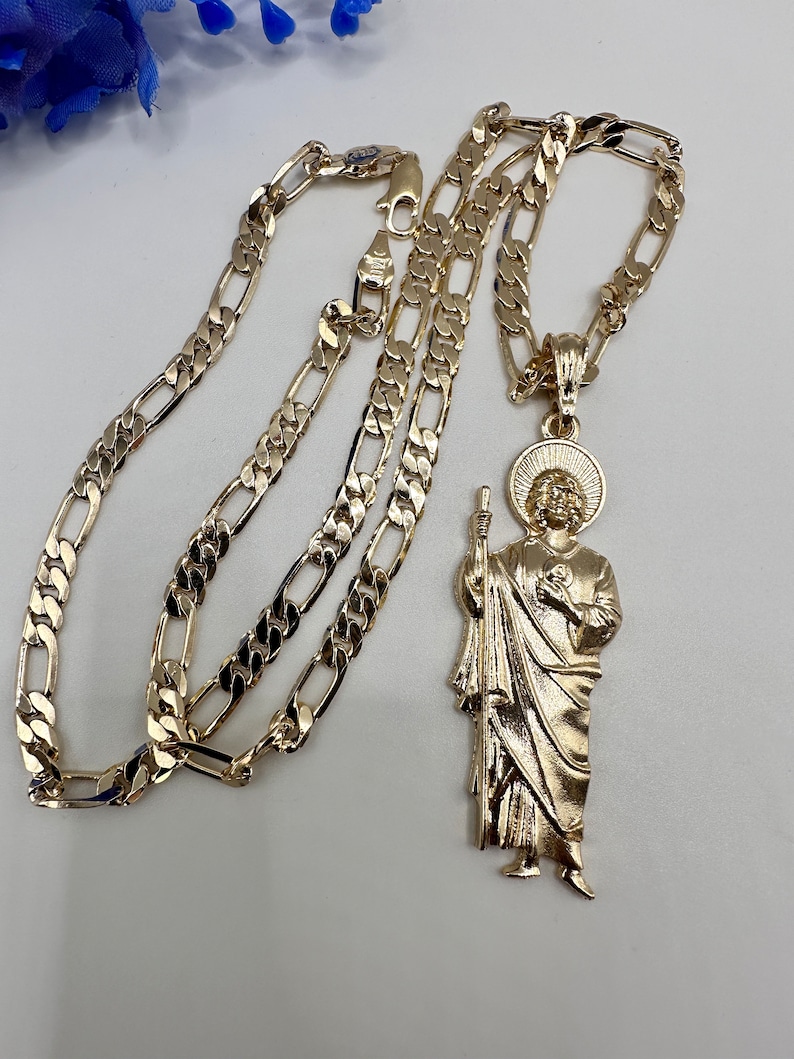 St Jude Necklace Gold Plated With Fígaro Chain - San Judas Tadeo Cadena ...