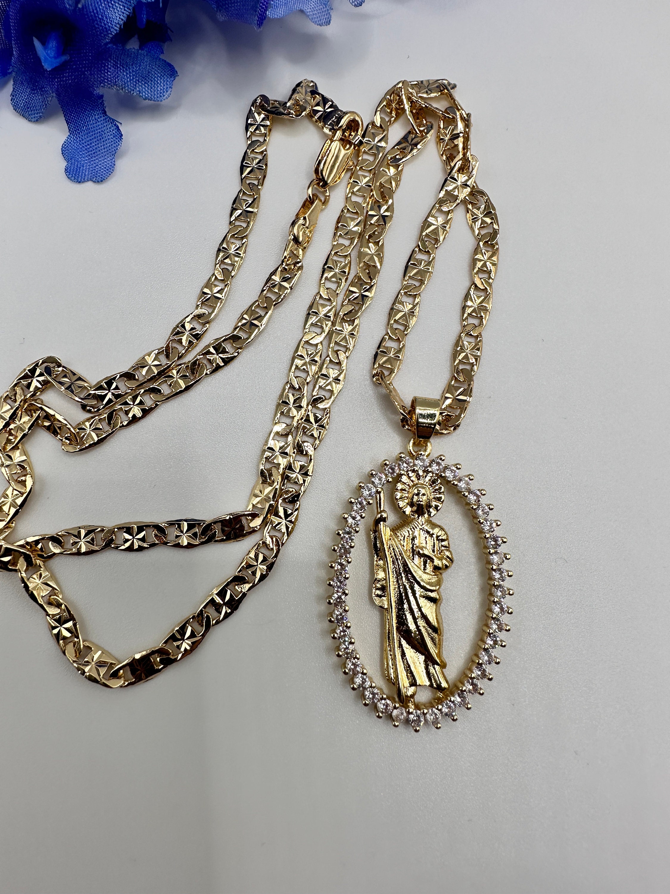 14k St Jude Necklace With Clear Diamond Stones Gold Plated- San Judas ...