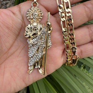 San Judas Tadeo Necklace Men&#39;s 14k Gold layered Iced Saint Jude Thaddeus Chaplet 24&quot; With a Figaro Chain