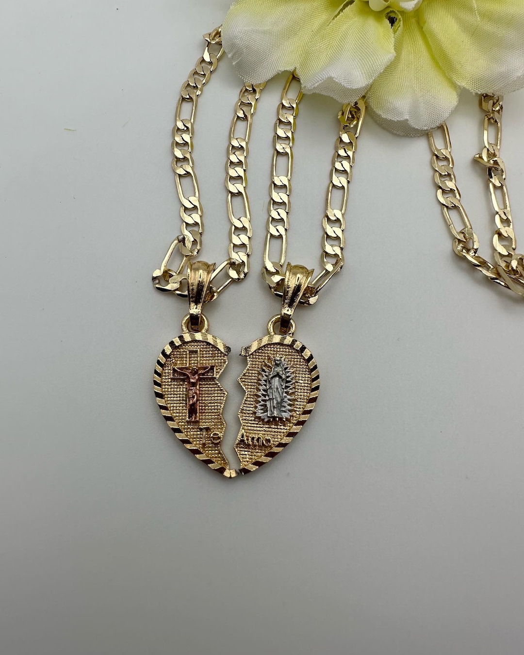 Breakable Hearts Necklace Gold Plated Christ and Virgen Heart