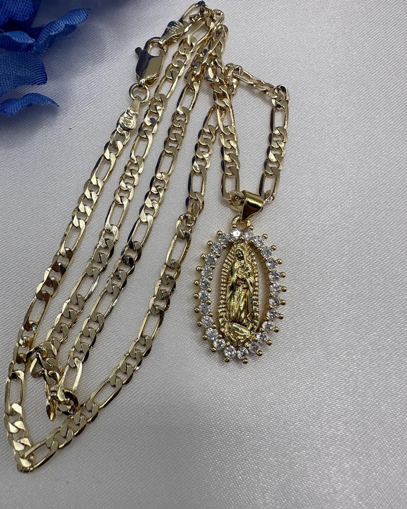 14k Our Lady of Guadalupe Necklace With 18” Figaro Chain - Cadena ...