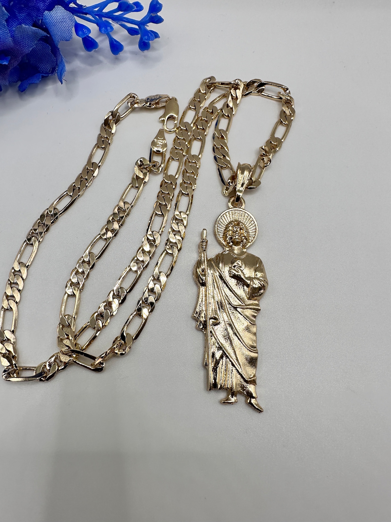 St Jude Necklace Gold Plated With Fígaro Chain - San Judas Tadeo Cadena ...