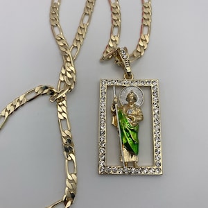 St Jude Pedant with Figaro Chain Gold Plated 24” -San Judas Cadena oro Bañado 24” Largo